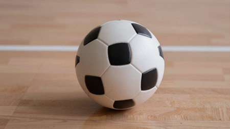 A classic black and white soccer ball stands alone on a smooth wooden floor, illuminated by the glow...