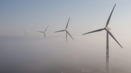 Turbines in a foggy landscape, with the turbines positioned vertically in the center of the.