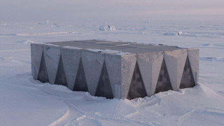 Concrete structure situated in the middle of a vast expanse of snow-covered ground, the structure.