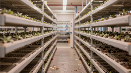 Row of shelves filled with small plants in a greenhouse. The shelves are arranged in.