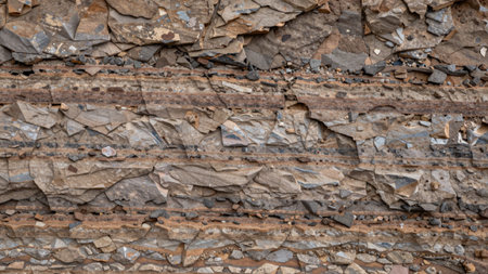 View of a rocky surface composed of different types of rocks and minerals, with the.