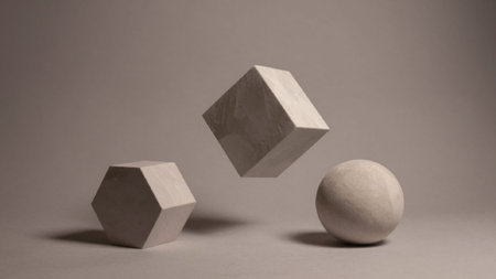 Shapes arranged in a dynamic composition on a plain light gray background. On the left,.