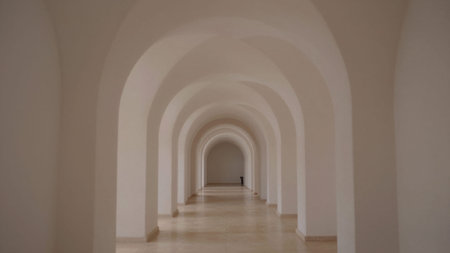 Arched corridor with minimalist architecture, the corridor is lined with arches and columns,...