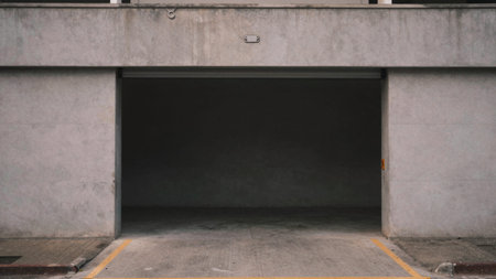 Parking garage entrance from a low angle perspective, looking up at the entrance. The entrance.の写真素材