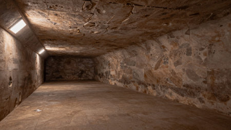 Lit, empty room with stone walls and a skylight at the top left corner. The.