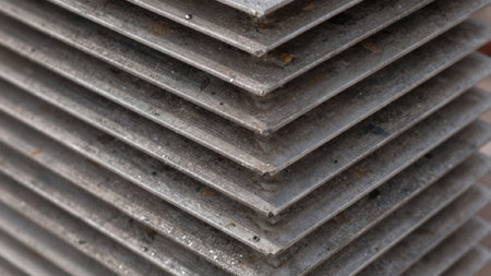 Of a stack of steel plates, arranged in a neat and orderly fashion. The plates.