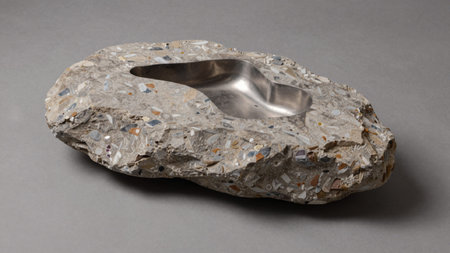 Irregularly shaped stone vessel crafted from recycled materials, placed in the center of the frame.