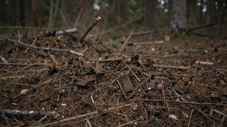 Scene of destruction in a forest, in the foreground, a pile of discarded items lies.の写真素材