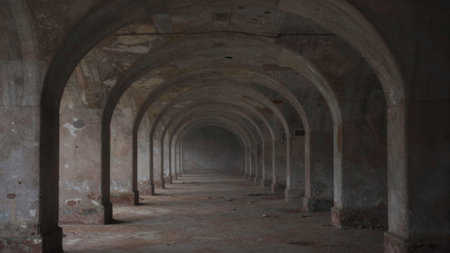 Dimly lit corridor in an old, abandoned building, the corridor is lined with arched concrete.
