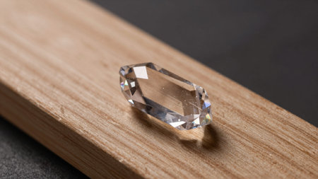 Photograph featuring a large, faceted, emerald-shaped diamond resting on a wooden surface. The diamond is positioned in the center of.. Suitable for corporate presentations, web banners, marketing layouts and UI design. Features: high-resolution, featuring, large, faceted, emerald-shaped.の写真素材