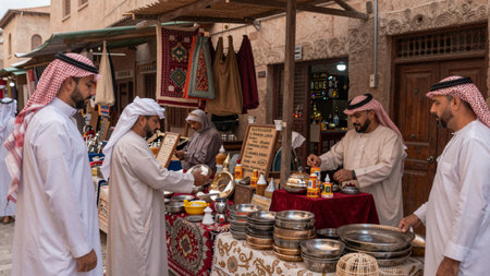 Depicts a bustling street market in a traditional Middle Eastern village, the market is located in a...