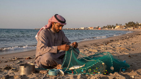 Taken on a beach during sunrise or sunset, in the foreground, a middle-aged man sits on the sandy shore, wearing traditional Arab clothing consisting of a light grey tunic and a red and white checkered.の写真素材