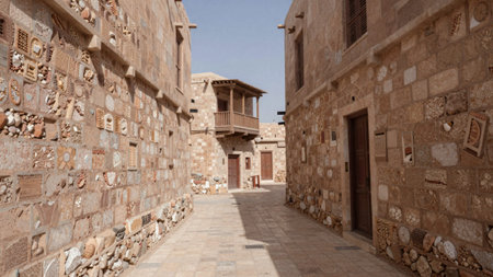 Of a narrow, cobblestone street lined with stone buildings, each building has a distinct architectural style, the buildings are made of light-colored, rectangular stones arranged in a staggered pattern, creating a sense of depth and.の写真素材