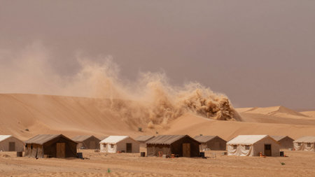Desert landscape with a vast expanse of sand dunes stretching into the distance, dominated by...