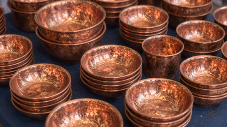 Of small, round, copper bowls arranged neatly on a dark blue surface, likely a table or countertop, the bowls have a smooth, polished finish with a warm, copper sheen, reflecting the light and creating a.の写真素材