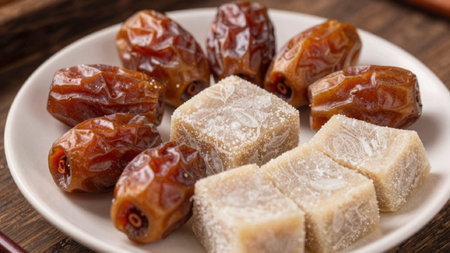 Of a plate containing various types of dates, arranged neatly on a wooden surface. The dates are...