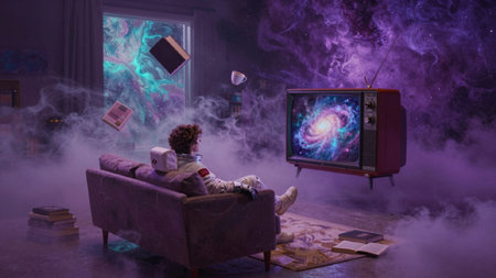 Detailed digital illustration depicting a surreal, sci-fi scene set in a dimly lit, modern living room, the focal point is a young man with curly, curly brown hair, wearing a white space suit with a.の写真素材