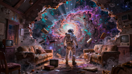 Painting depicting an astronaut standing in a desolate, abandoned room, the astronaut is wearing a...