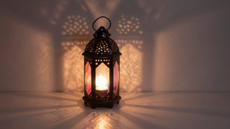 Of a traditional Moroccan-style lantern placed on a plain, light-colored surface. The lantern is made of dark metal with intricate, perforated designs and a handle on top for easy carrying. The interior of the lantern.の写真素材