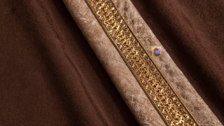 Of a piece of fabric with a luxurious texture. The fabric appears to be a rich, rich brown with...