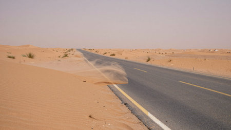 Captures a vast desert landscape with a winding road in the center. The road is made of asphalt and has two yellow dividing lines on both sides. On either side of the road, there are.の写真素材