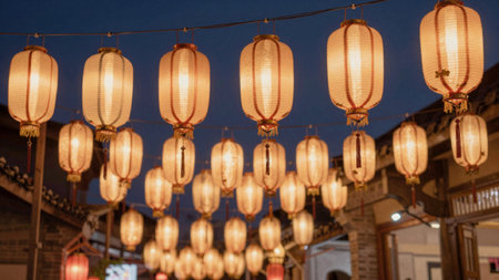 Of a string of traditional Chinese lanterns hanging from a wire against a dark blue sky. The...