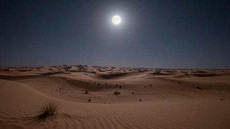 Taken at night, taken from a low angle, looking up at a vast desert landscape, the sky is clear, with a deep blue hue and a full moon shining brightly in the center, illuminating the.の写真素材