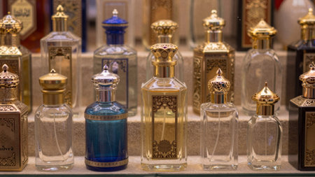 Of perfume bottles displayed on a glass shelf. There are nine bottles in total, arranged in a row,...