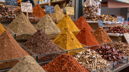 Stall filled with a variety of spices, arranged in pyramid-shaped displays, the spices range from...