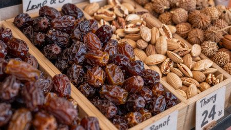 Of a variety of nuts displayed at a market stall, the nuts are arranged neatly in wooden boxes, each...