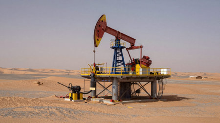Rendering of an oil rig in the middle of a vast desert landscape. The rig is located in the center...