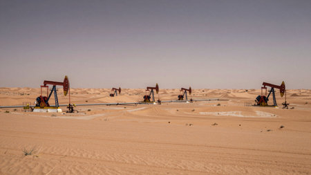 Desert landscape with a clear, dusty sky above. In the foreground, there are several oil pumps...