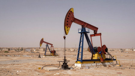 Depicting an oil pumpjack in a barren, dry, arid landscape, the pumpjack is located in the center of...