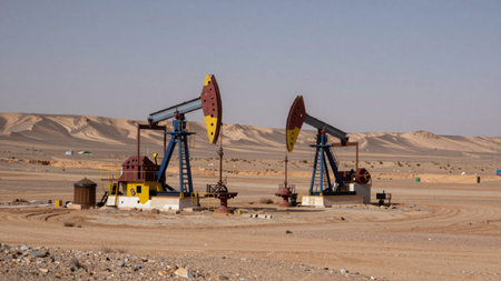 Barren landscape with a clear blue sky and no vegetation, in the background, there are vast, flat, sand dunes that stretch out into the distance, creating a vast expanse of barren land. On the left.の写真素材