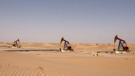 Vast desert landscape with a clear, clear blue sky above. In the foreground, there are several oil pumps located in the middle of the vast expanse, each with a red and yellow pumpjack, mounted on.の写真素材