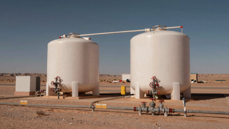 Depicting two large, cylindrical, white, industrial tanks located in a desert-like landscape with...