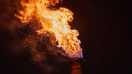 Photograph taken at night, capturing a vivid display of intense flames. The focal point of the image...