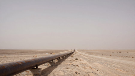 Captures a long, rusted pipeline winding through a vast, barren landscape. The pipeline is weathered and rusted, with patches of rust visible on its surface, along its length, the pipeline is supported by concrete blocks.の写真素材