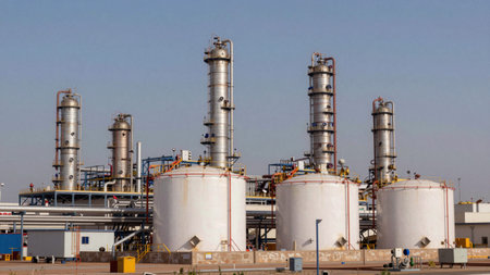 Industrial plant with multiple cylindrical structures, which appear to be made of stainless steel...