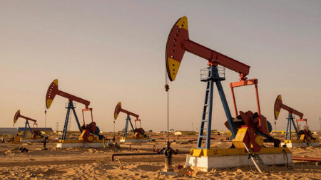 Depicting a group of oil pumps in a desert landscape during sunset, the pumps are arranged in a row,...