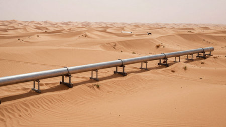 Vast desert landscape dominated by sand dunes, with a clear, hazy sky above. In the foreground, a...