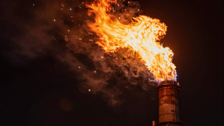 Photograph taken at night, capturing a dramatic scene of a large, fiery explosion. The focal point of the image is a tall, cylindrical chimney-like structure with a flat top, which appears to be made of.の写真素材