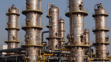 Of tall, cylindrical industrial structures made of corrugated metal with a metallic sheen,...