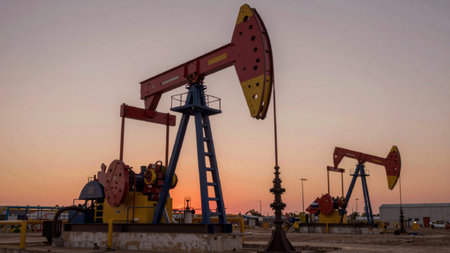 Pumps at an oil field during sunset, with the sky transitioning from a gradient of warm oranges and pinks to a soft pink at the horizon, the oil pumps are positioned in a row, each.の写真素材