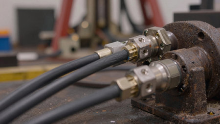 Of a rusted metal component, likely a hydraulic pump, with several connectors attached to it. The...