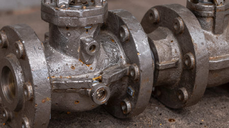 Of a metallic gate valve, which appears to be old and corroded, with visible signs of wear and...