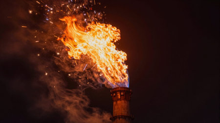 Photograph taken at night, featuring a tall, cylindrical chimney with a silo-like structure at the...