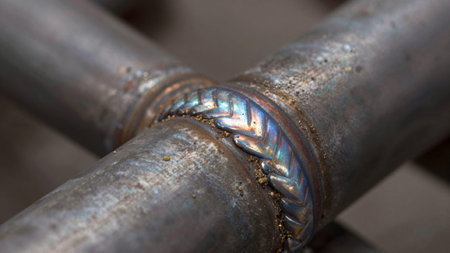 Macro shot of a metallic pipe, the pipe appears to be made of a combination of steel and aluminum,...