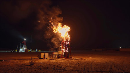 Taken at night, depicting an oil rig in the middle of a barren landscape. The rig is located in the center of the image, with a tall, cylindrical structure that is lit up with bright.の写真素材