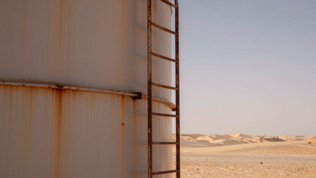 Captures a vast desert landscape with a clear blue sky in the background. In the foreground, there...